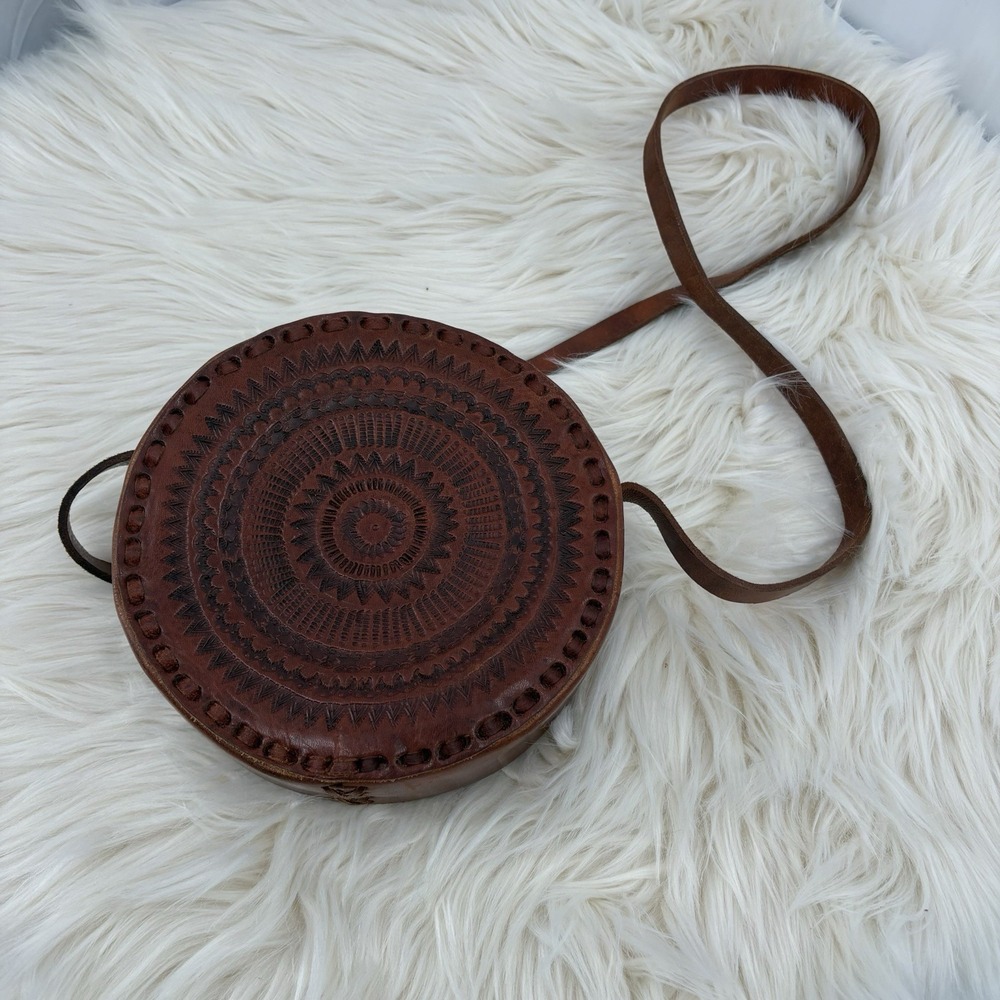 VTG Leather Crossbody Handbag Circular‎ Hand Tooled Handmade Genuine Leather 8"